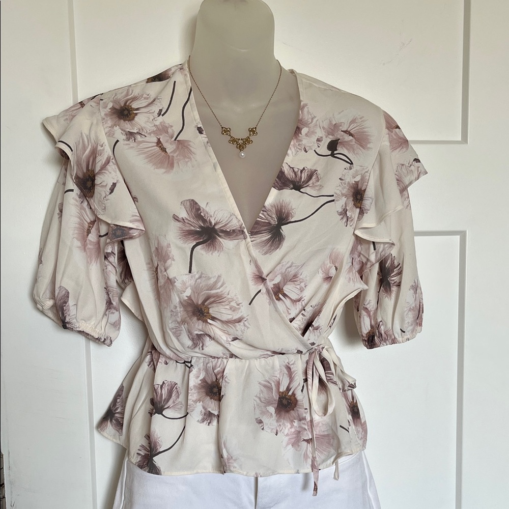 Express Floral Wrap Blouse - Cream and Pink